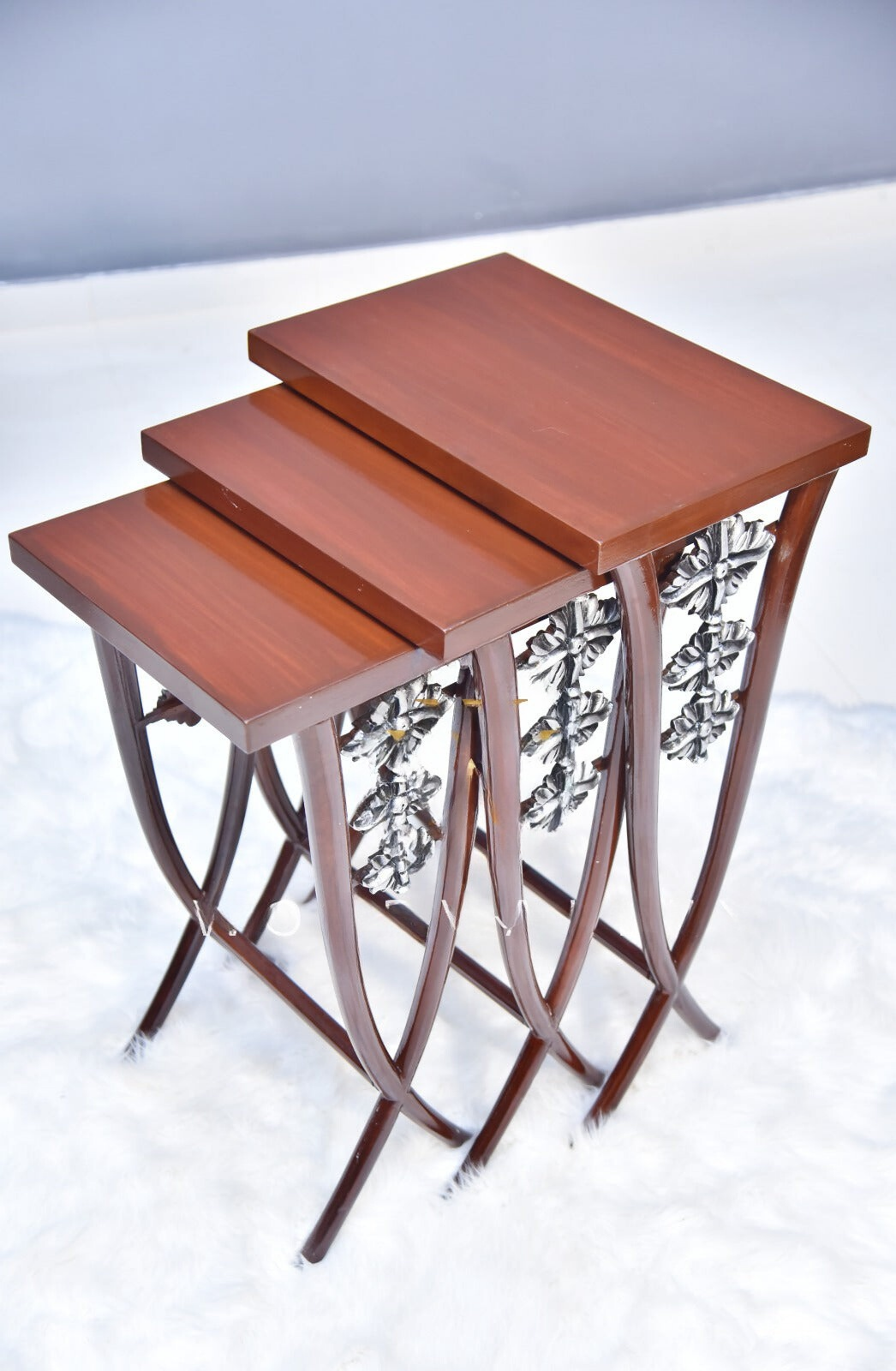 Wooden Eclectic Nesting Tables set silver