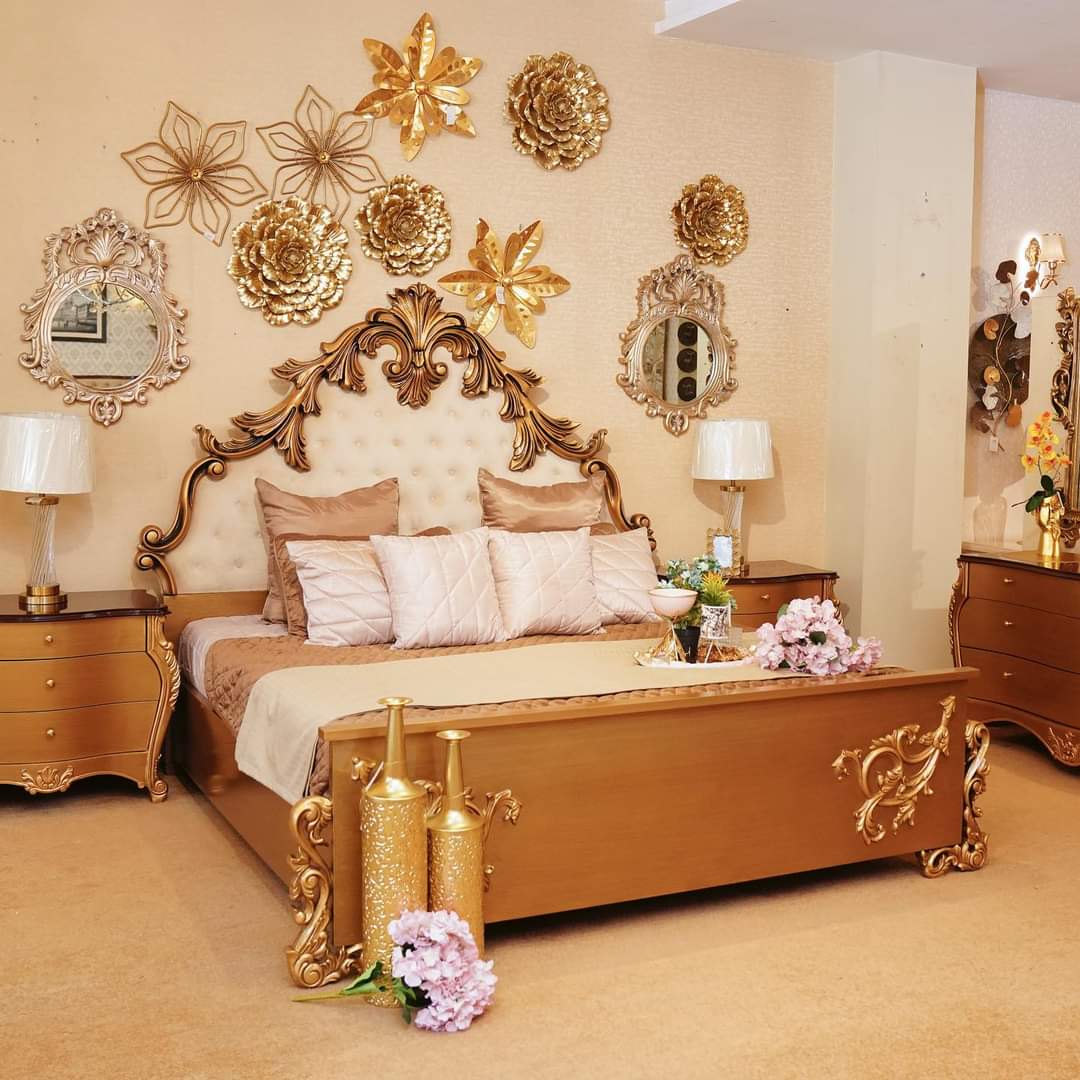 Royal Gold Wooden Carved Bed Set