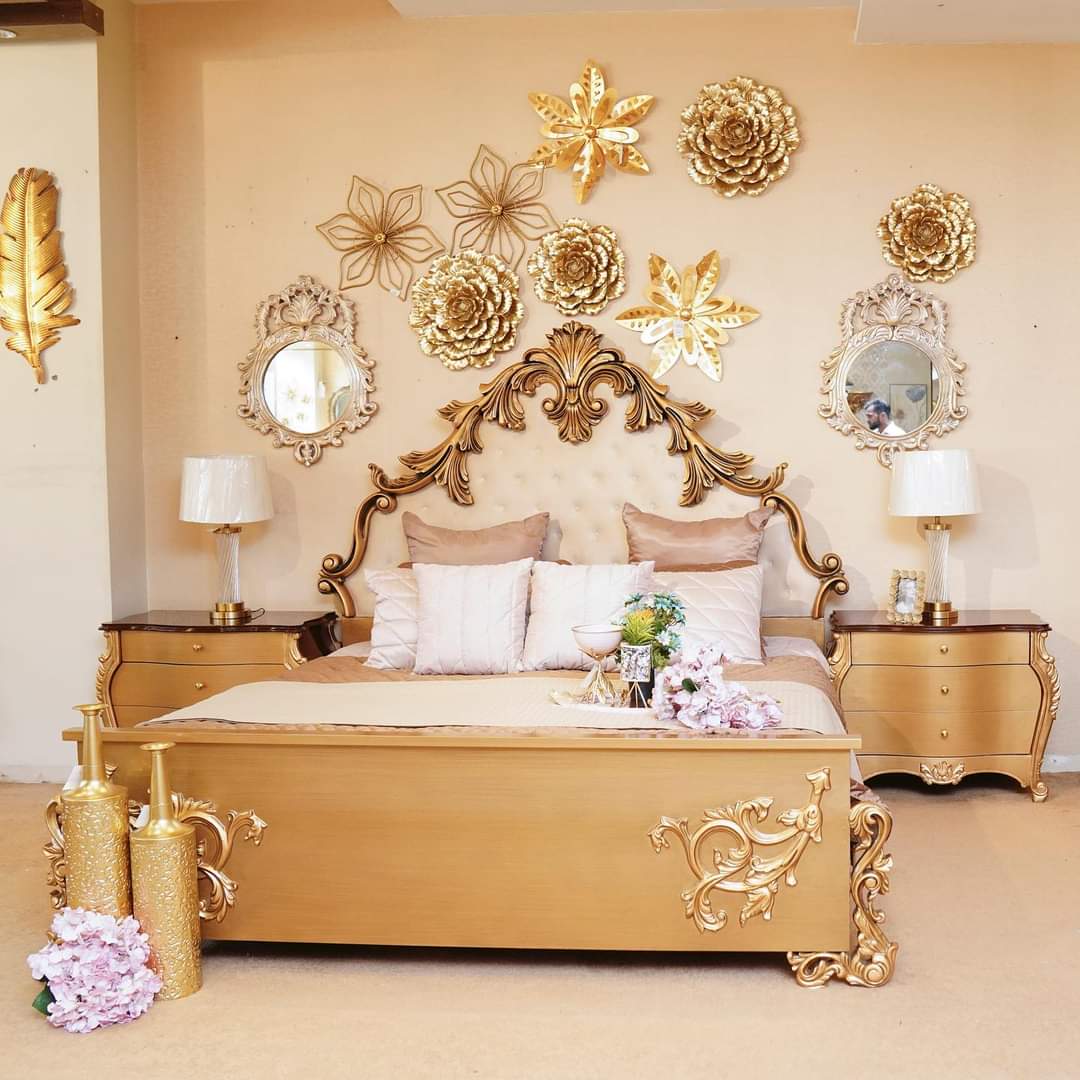 Royal Gold Wooden Carved Bed Set