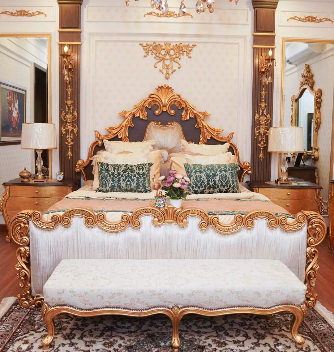 Royal Gold Wooden Carved Bed Set